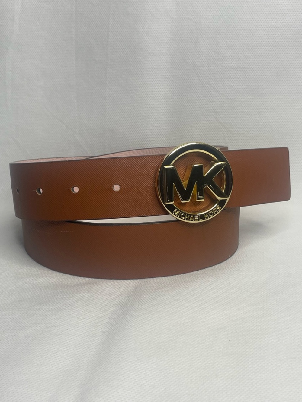 Michael Kors Reversible Twist Leather Belt Size 30-36 Pebbled Pink Brown Gold